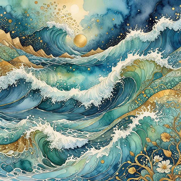 Watercolor Ocean Waves Digital Paper: Teal & Gold (10 JPGs) — image 4