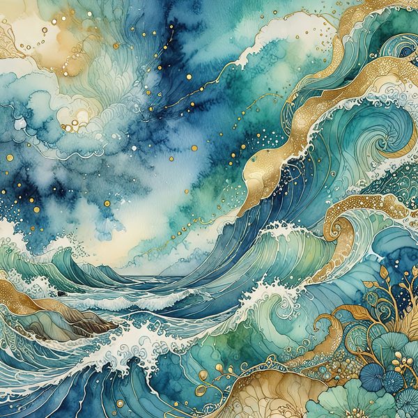 Watercolor Ocean Waves Digital Paper: Teal & Gold (10 JPGs) — image 5