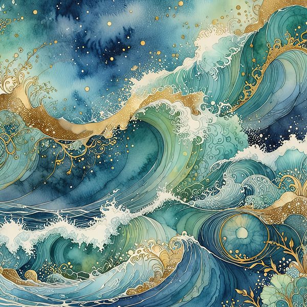 Watercolor Ocean Waves Digital Paper: Teal & Gold (10 JPGs) — image 6