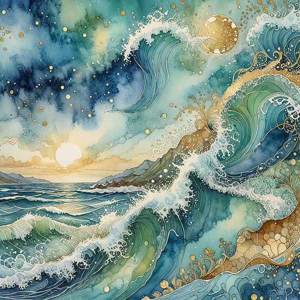 Watercolor Ocean Waves Digital Paper: Teal & Gold (10 JPGs) — image 7