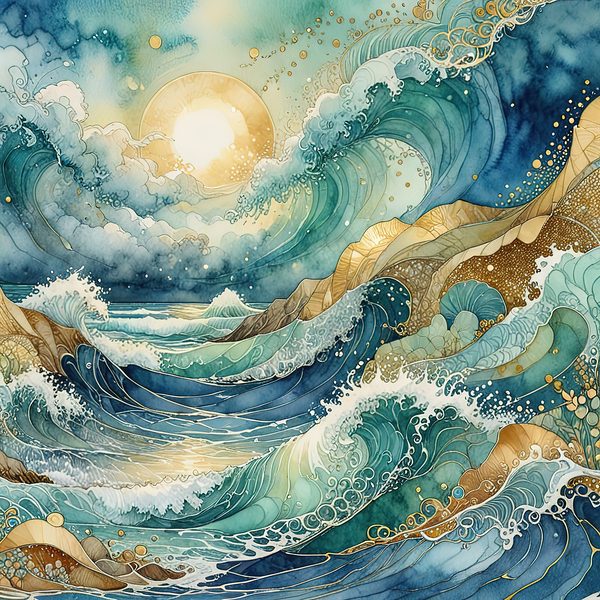 Watercolor Ocean Waves Digital Paper: Teal & Gold (10 JPGs) — image 8