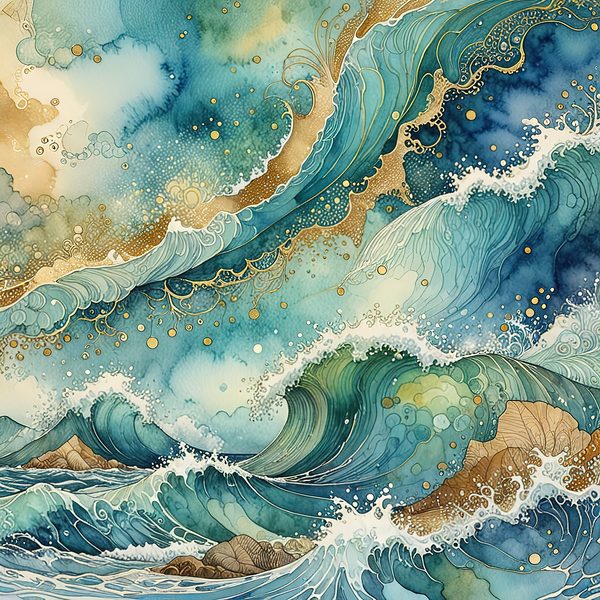 Watercolor Ocean Waves Digital Paper: Teal & Gold (10 JPGs) — image 9