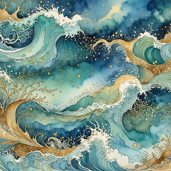 Watercolor Ocean Waves Digital Paper: Teal & Gold (10 JPGs) — image 10