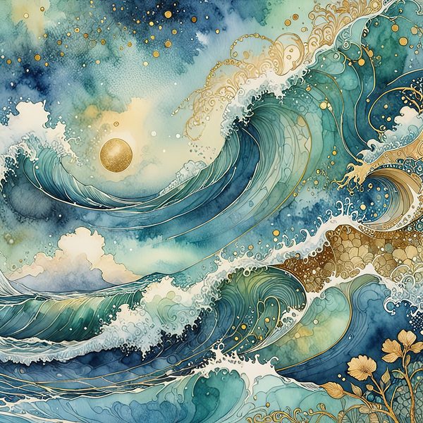 Watercolor Ocean Waves Digital Paper: Teal & Gold (10 JPGs) — image 11