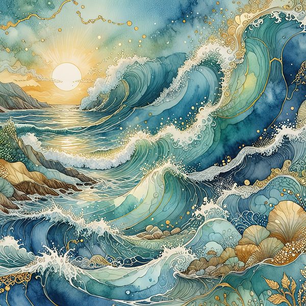 Watercolor Ocean Waves Digital Paper: Teal & Gold (10 JPGs) — image 12