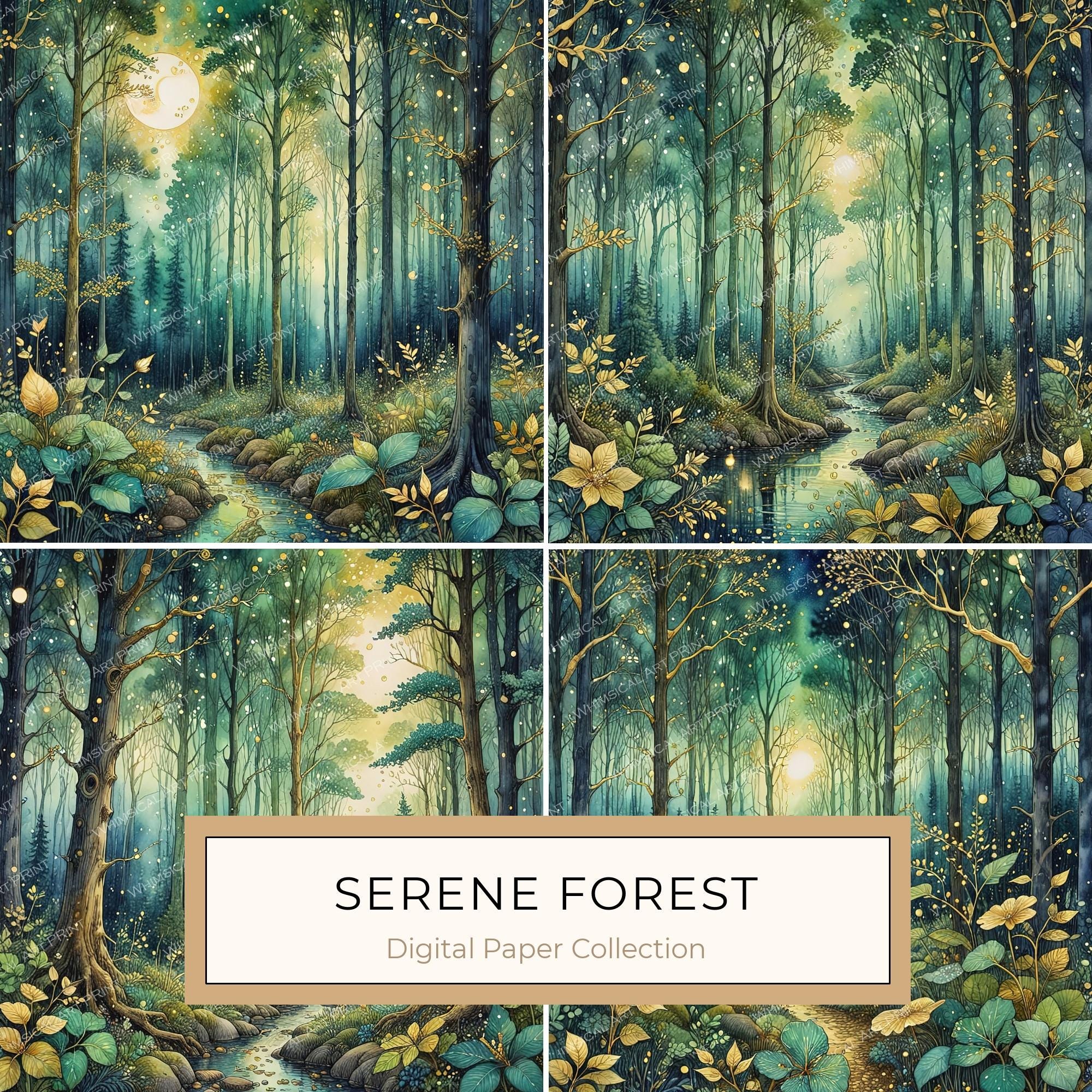 Watercolor Forest Digital Paper Set: Green Landscape JPGs (Commercial Use)