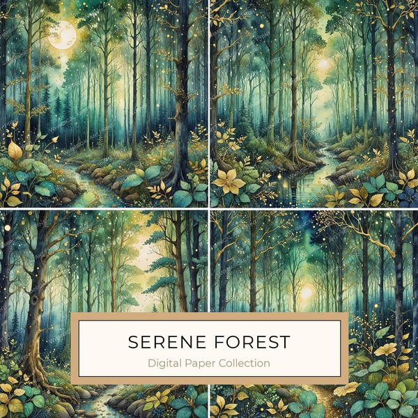Watercolor Forest Digital Paper Set: Green Landscape JPGs (Commercial Use)