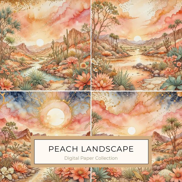 Watercolor Desert Sunset Digital Paper: Peach & Earth Tones Backgrounds (Instant Download, Commercial Use)