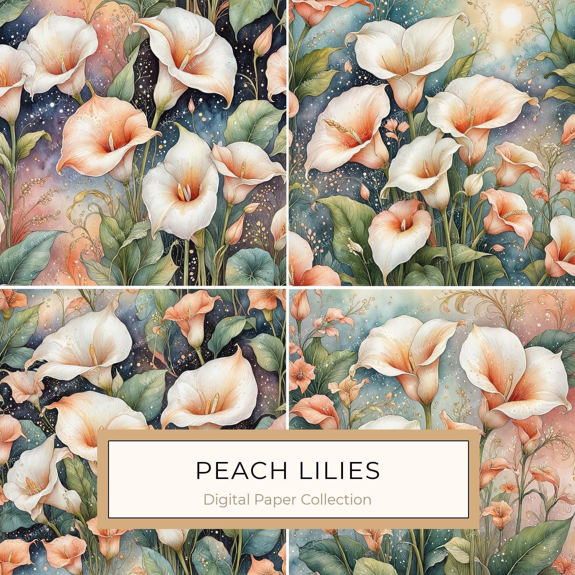 Watercolor Calla Lilies Digital Paper Set: Peach & Cream (10 JPGs)