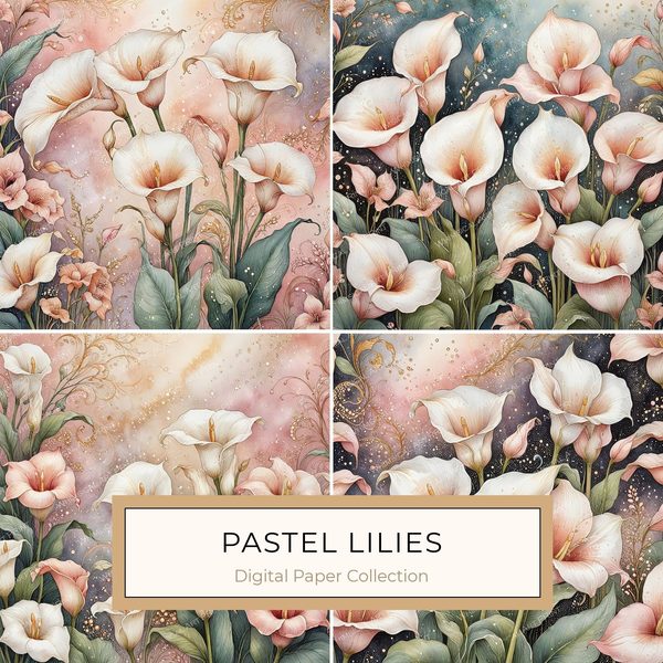Watercolor Calla Lilies with Soft Gold Accents Digital Paper Set in Pastel Hues, 10 JPGs, Perfect for Scrapbooking, Card Making, Commercia