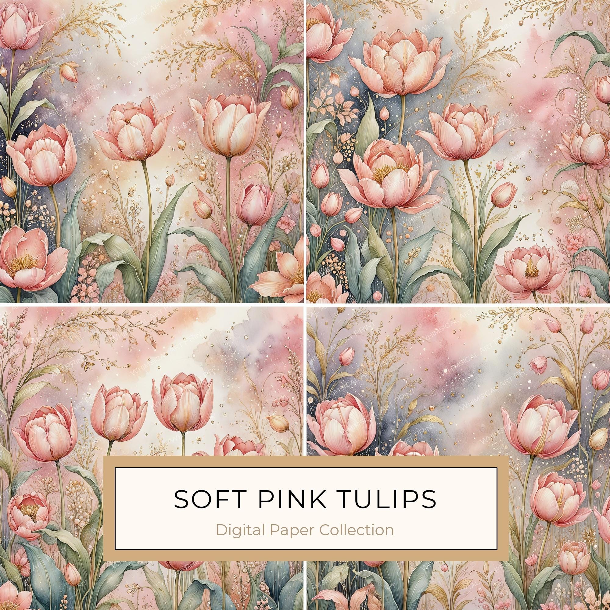 Watercolor Pink Tulips with Delicate Textures Digital Paper Set in Soft Pastels & Gold Accents, 10 JPGs, Perfect for Scrapbooking, DIY Craft