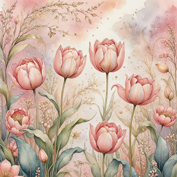 Watercolor Pink Tulips with Delicate Textures Digital Paper Set in Soft Pastels & Gold Accents, 10 JPGs, Perfect for Scrapbooking, DIY Craft — image 1
