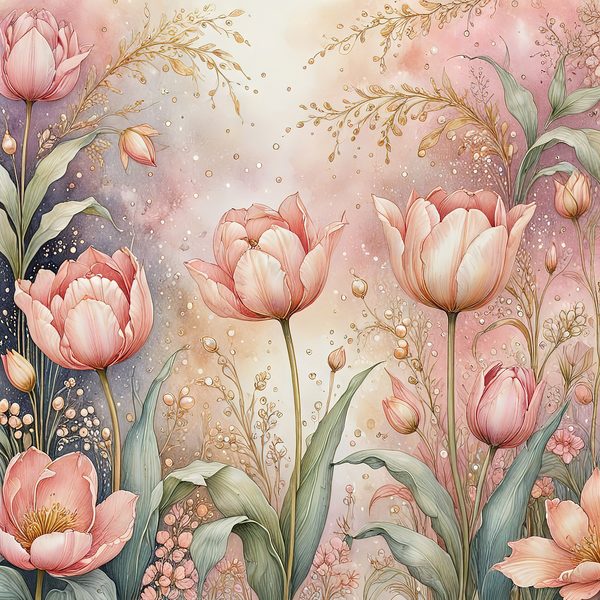 Watercolor Pink Tulips with Delicate Textures Digital Paper Set in Soft Pastels & Gold Accents, 10 JPGs, Perfect for Scrapbooking, DIY Craft — image 2
