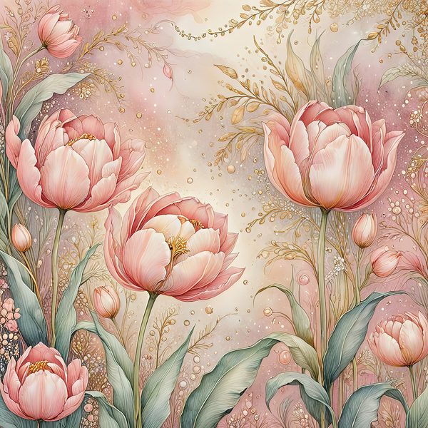 Watercolor Pink Tulips with Delicate Textures Digital Paper Set in Soft Pastels & Gold Accents, 10 JPGs, Perfect for Scrapbooking, DIY Craft — image 3