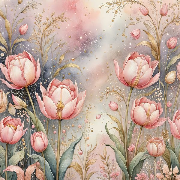 Watercolor Pink Tulips with Delicate Textures Digital Paper Set in Soft Pastels & Gold Accents, 10 JPGs, Perfect for Scrapbooking, DIY Craft — image 4