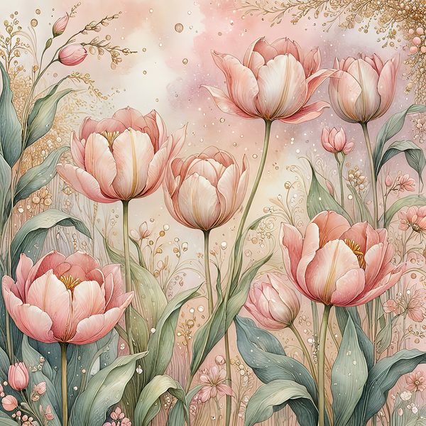 Watercolor Pink Tulips with Delicate Textures Digital Paper Set in Soft Pastels & Gold Accents, 10 JPGs, Perfect for Scrapbooking, DIY Craft — image 5