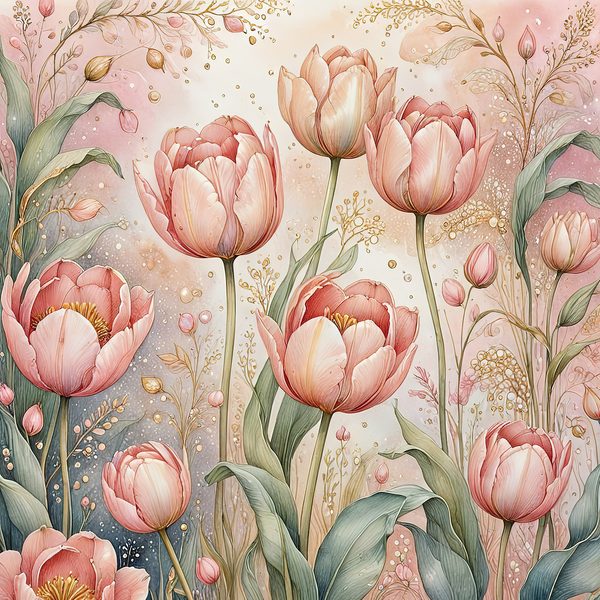 Watercolor Pink Tulips with Delicate Textures Digital Paper Set in Soft Pastels & Gold Accents, 10 JPGs, Perfect for Scrapbooking, DIY Craft — image 6