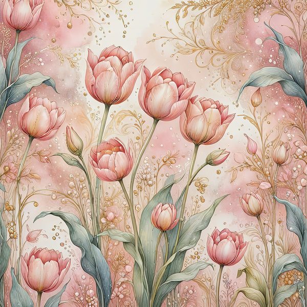 Watercolor Pink Tulips with Delicate Textures Digital Paper Set in Soft Pastels & Gold Accents, 10 JPGs, Perfect for Scrapbooking, DIY Craft — image 7