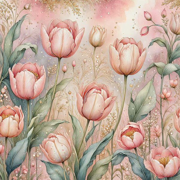 Watercolor Pink Tulips with Delicate Textures Digital Paper Set in Soft Pastels & Gold Accents, 10 JPGs, Perfect for Scrapbooking, DIY Craft — image 8