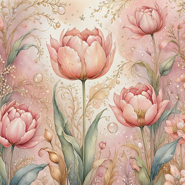 Watercolor Pink Tulips with Delicate Textures Digital Paper Set in Soft Pastels & Gold Accents, 10 JPGs, Perfect for Scrapbooking, DIY Craft — image 9