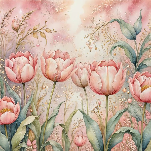 Watercolor Pink Tulips with Delicate Textures Digital Paper Set in Soft Pastels & Gold Accents, 10 JPGs, Perfect for Scrapbooking, DIY Craft — image 10