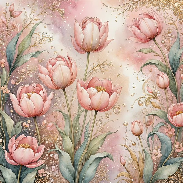 Watercolor Pink Tulips with Delicate Textures Digital Paper Set in Soft Pastels & Gold Accents, 10 JPGs, Perfect for Scrapbooking, DIY Craft — image 11
