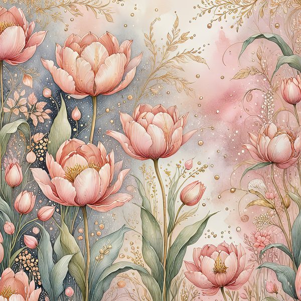 Watercolor Pink Tulips with Delicate Textures Digital Paper Set in Soft Pastels & Gold Accents, 10 JPGs, Perfect for Scrapbooking, DIY Craft — image 12