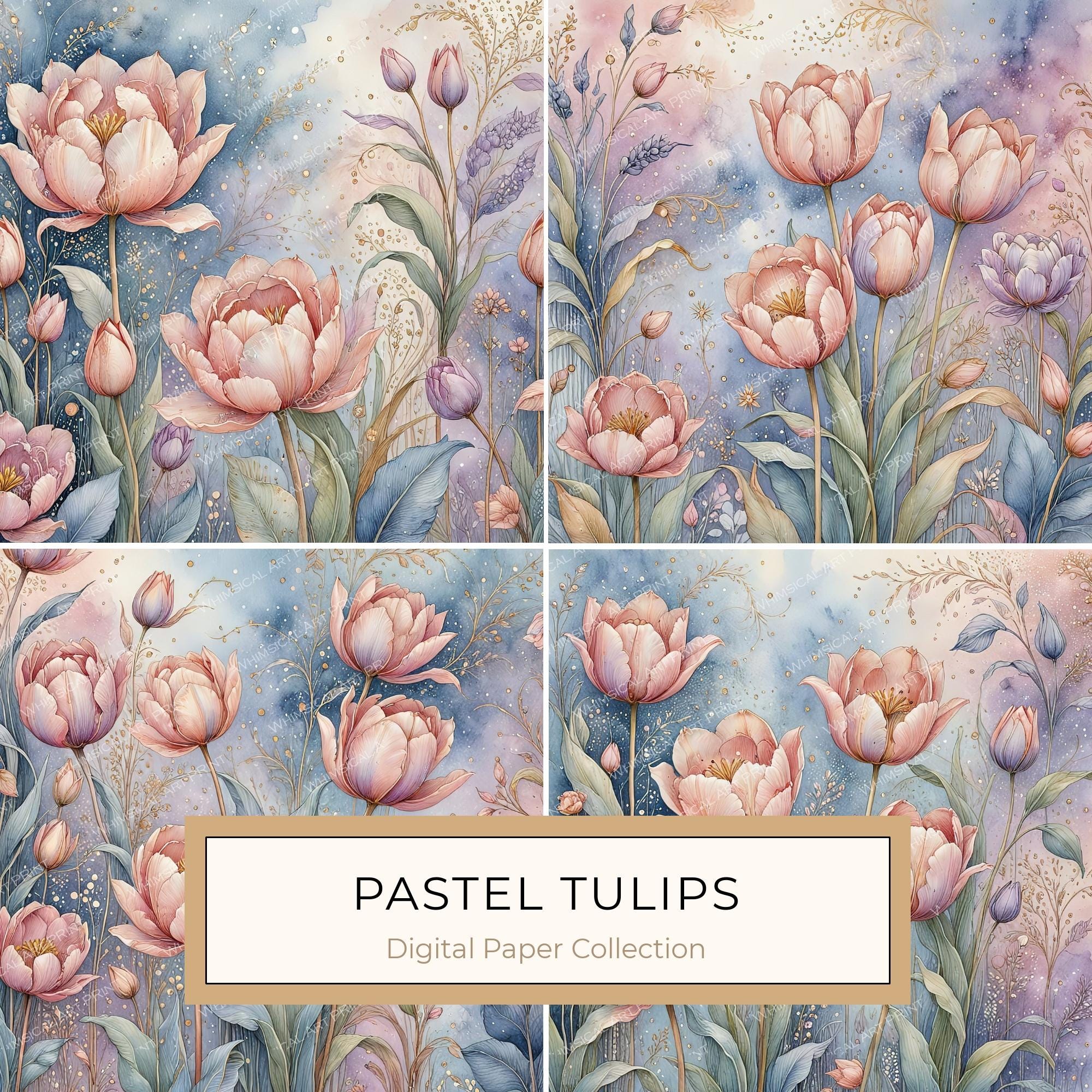 Watercolor Tulip Digital Paper: Pastel Floral Scrapbook JPGs (Digital Download)