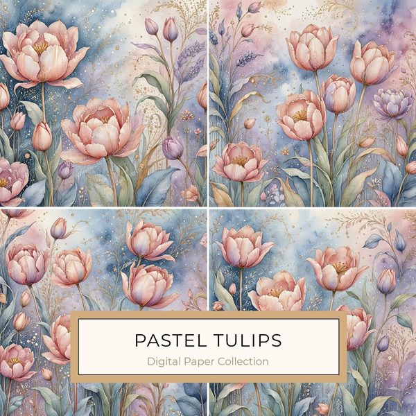 Watercolor Tulip Digital Paper: Pastel Floral Scrapbook JPGs (Digital Download)