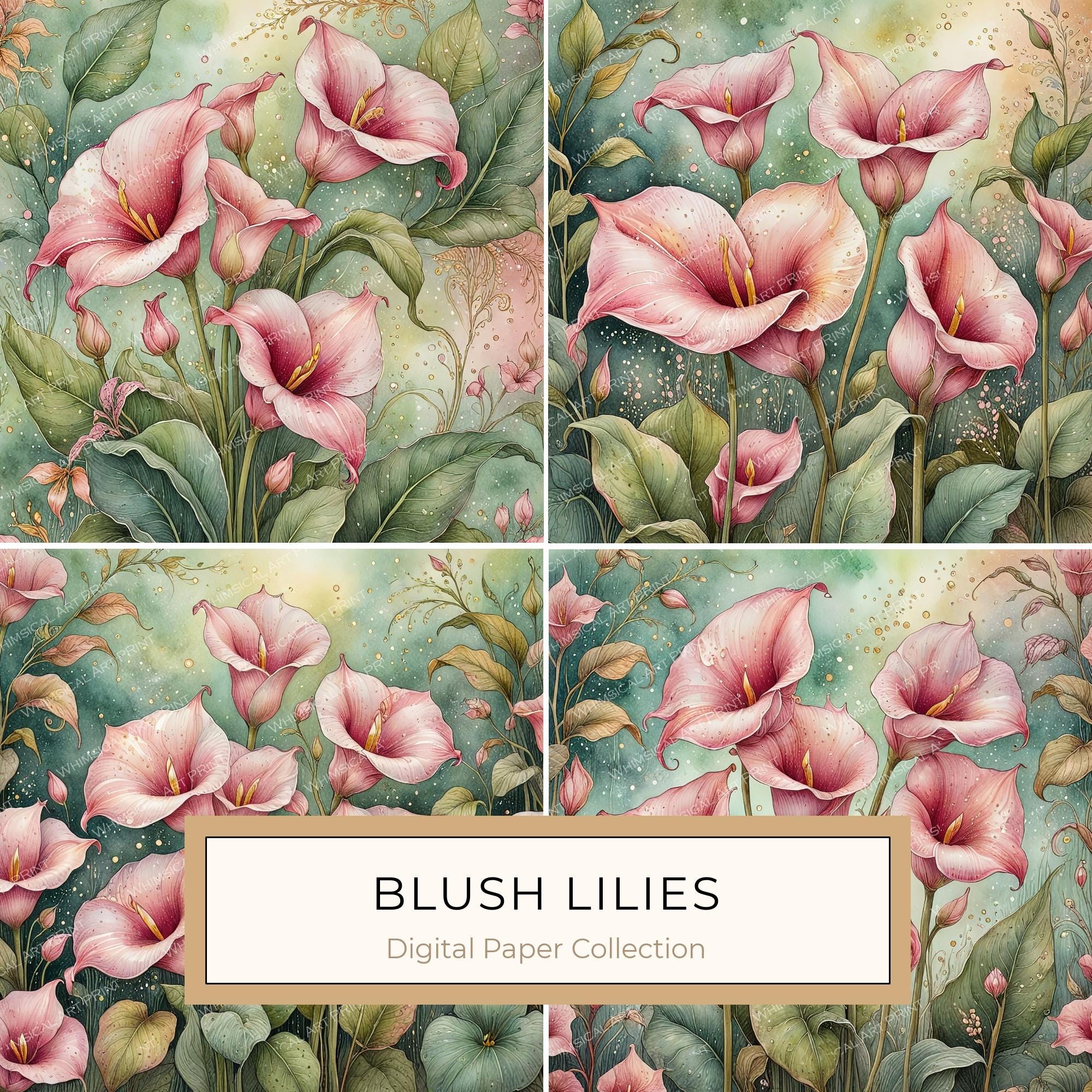 Watercolor Calla Lilies with Soft Green Background Digital Paper Set in Blush Tones, 10 JPGs, Perfect for Scrapbooking, DIY Crafting Decor