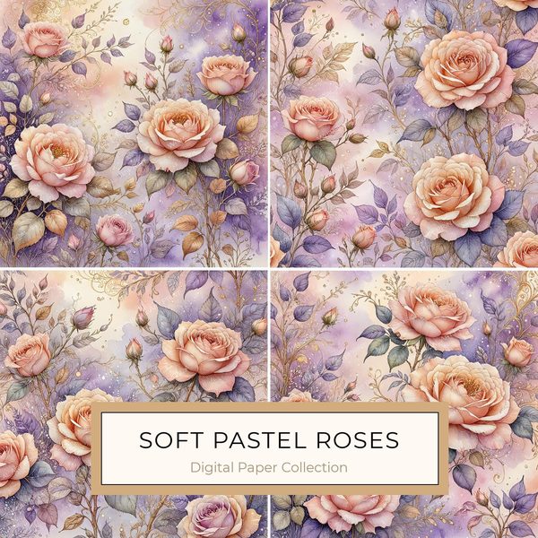Watercolor Roses Digital Paper: Gold Accents, Pastel Lavender (10 JPGs, Digital Download, Commercial Use)