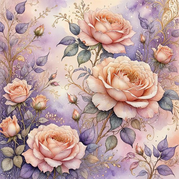 Watercolor Roses Digital Paper: Gold Accents, Pastel Lavender (10 JPGs, Digital Download, Commercial Use) — image 1