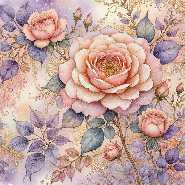 Watercolor Roses Digital Paper: Gold Accents, Pastel Lavender (10 JPGs, Digital Download, Commercial Use) — image 2