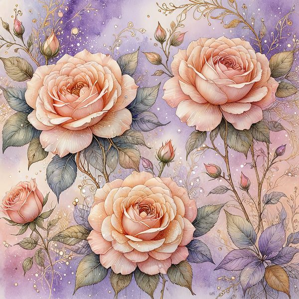 Watercolor Roses Digital Paper: Gold Accents, Pastel Lavender (10 JPGs, Digital Download, Commercial Use) — image 3