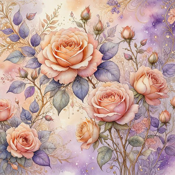 Watercolor Roses Digital Paper: Gold Accents, Pastel Lavender (10 JPGs, Digital Download, Commercial Use) — image 4