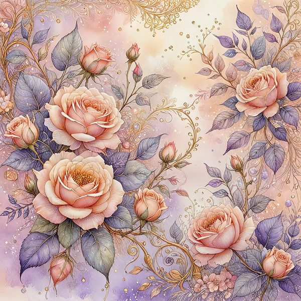 Watercolor Roses Digital Paper: Gold Accents, Pastel Lavender (10 JPGs, Digital Download, Commercial Use) — image 5