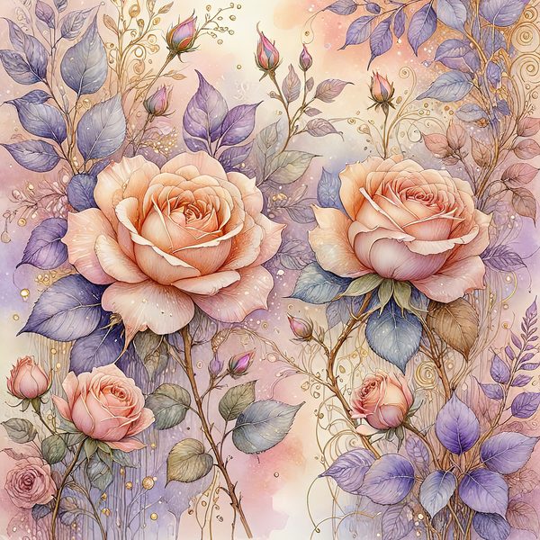 Watercolor Roses Digital Paper: Gold Accents, Pastel Lavender (10 JPGs, Digital Download, Commercial Use) — image 6