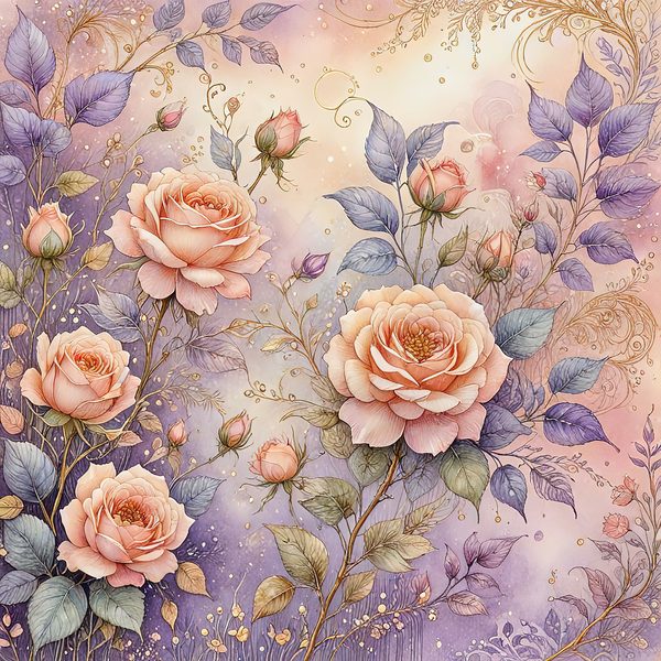Watercolor Roses Digital Paper: Gold Accents, Pastel Lavender (10 JPGs, Digital Download, Commercial Use) — image 7