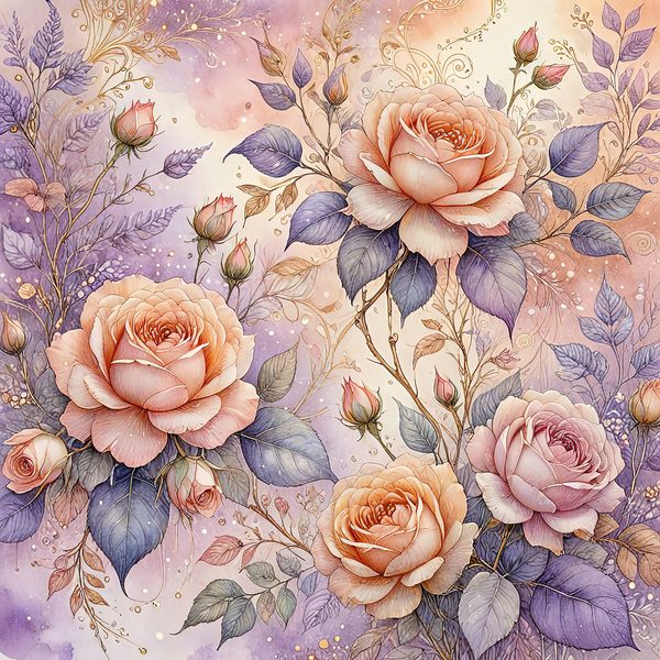Watercolor Roses Digital Paper: Gold Accents, Pastel Lavender (10 JPGs, Digital Download, Commercial Use) — image 8