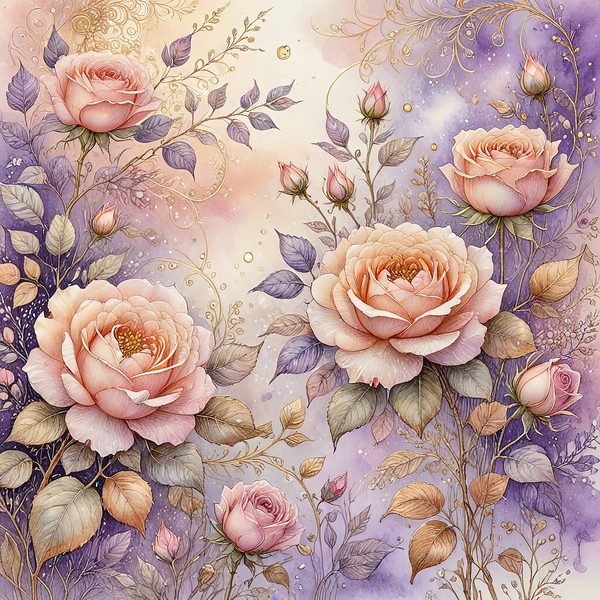 Watercolor Roses Digital Paper: Gold Accents, Pastel Lavender (10 JPGs, Digital Download, Commercial Use) — image 11