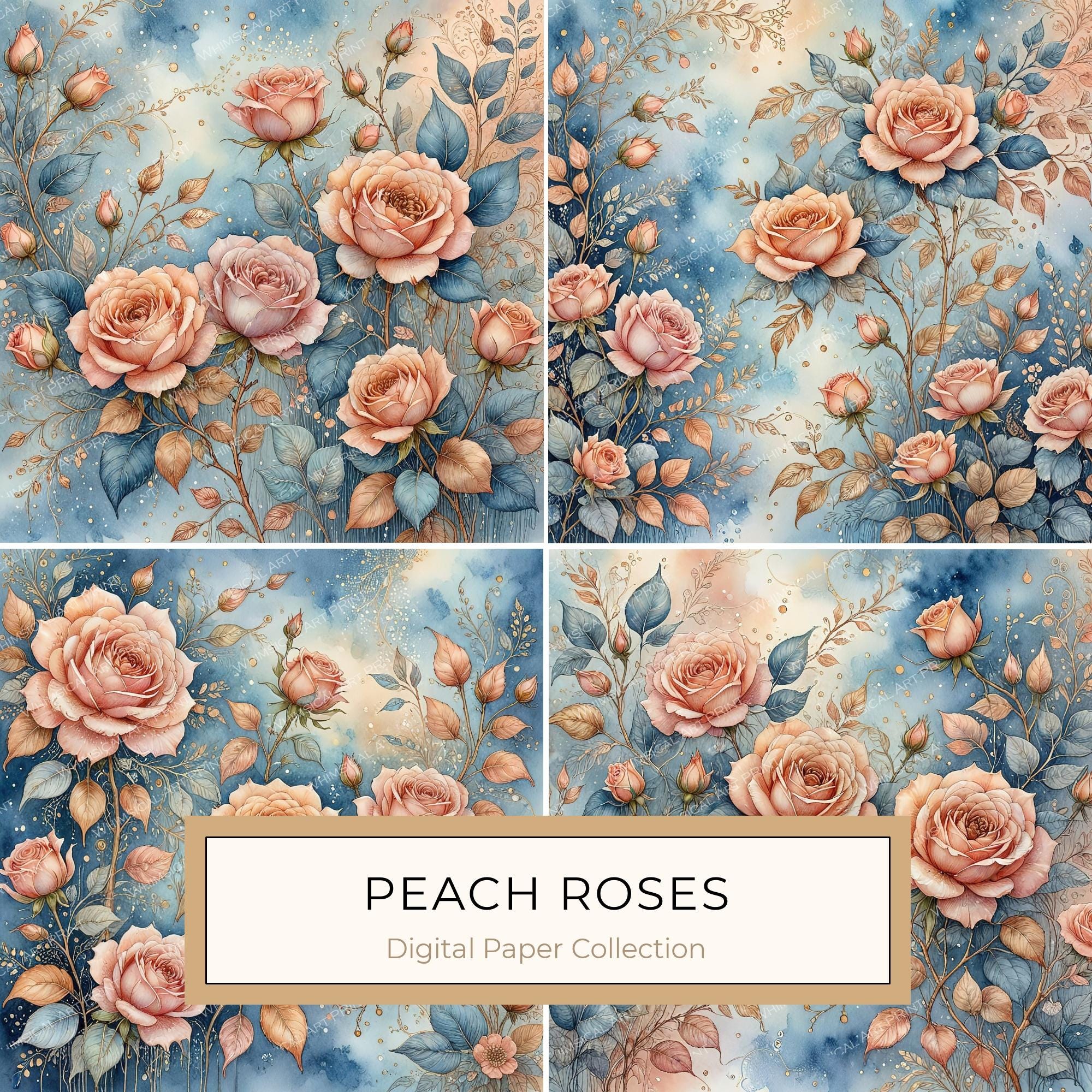 Watercolor Roses with Delicate Leaves Digital Paper Set in Soft Peach & Blue Tones, 10 JPGs for Scrapbooking, Card Making, Commercial Use