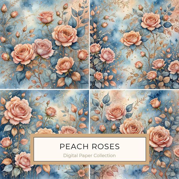 Watercolor Roses with Delicate Leaves Digital Paper Set in Soft Peach & Blue Tones, 10 JPGs for Scrapbooking, Card Making, Commercial Use