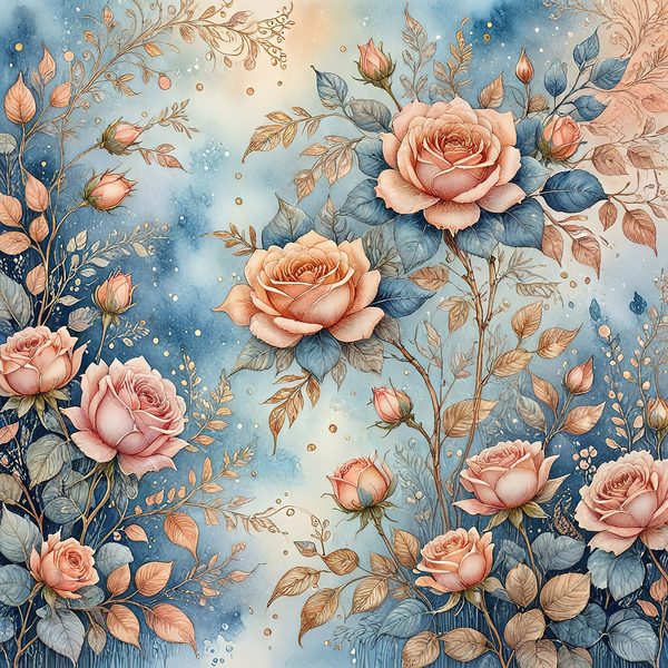 Watercolor Roses with Delicate Leaves Digital Paper Set in Soft Peach & Blue Tones, 10 JPGs for Scrapbooking, Card Making, Commercial Use — image 1