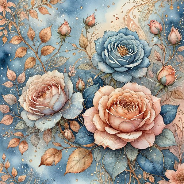 Watercolor Roses with Delicate Leaves Digital Paper Set in Soft Peach & Blue Tones, 10 JPGs for Scrapbooking, Card Making, Commercial Use — image 2