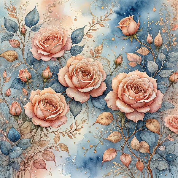Watercolor Roses with Delicate Leaves Digital Paper Set in Soft Peach & Blue Tones, 10 JPGs for Scrapbooking, Card Making, Commercial Use — image 3