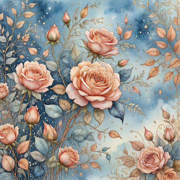 Watercolor Roses with Delicate Leaves Digital Paper Set in Soft Peach & Blue Tones, 10 JPGs for Scrapbooking, Card Making, Commercial Use — image 4