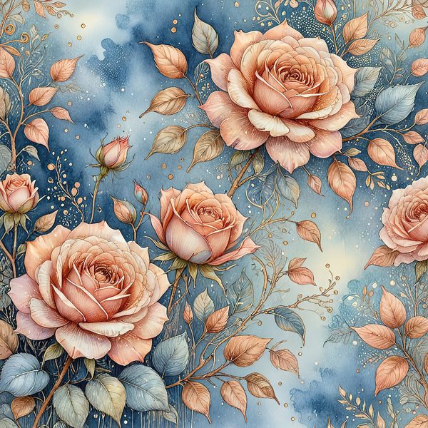 Watercolor Roses with Delicate Leaves Digital Paper Set in Soft Peach & Blue Tones, 10 JPGs for Scrapbooking, Card Making, Commercial Use — image 6