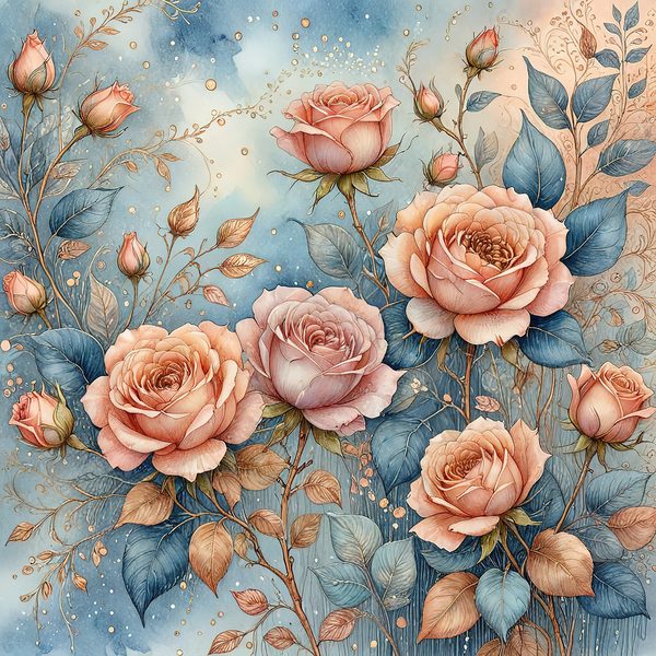 Watercolor Roses with Delicate Leaves Digital Paper Set in Soft Peach & Blue Tones, 10 JPGs for Scrapbooking, Card Making, Commercial Use — image 8