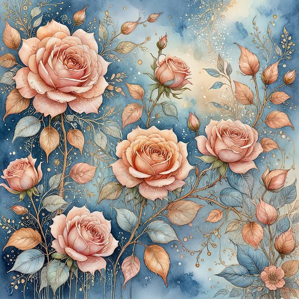 Watercolor Roses with Delicate Leaves Digital Paper Set in Soft Peach & Blue Tones, 10 JPGs for Scrapbooking, Card Making, Commercial Use — image 10