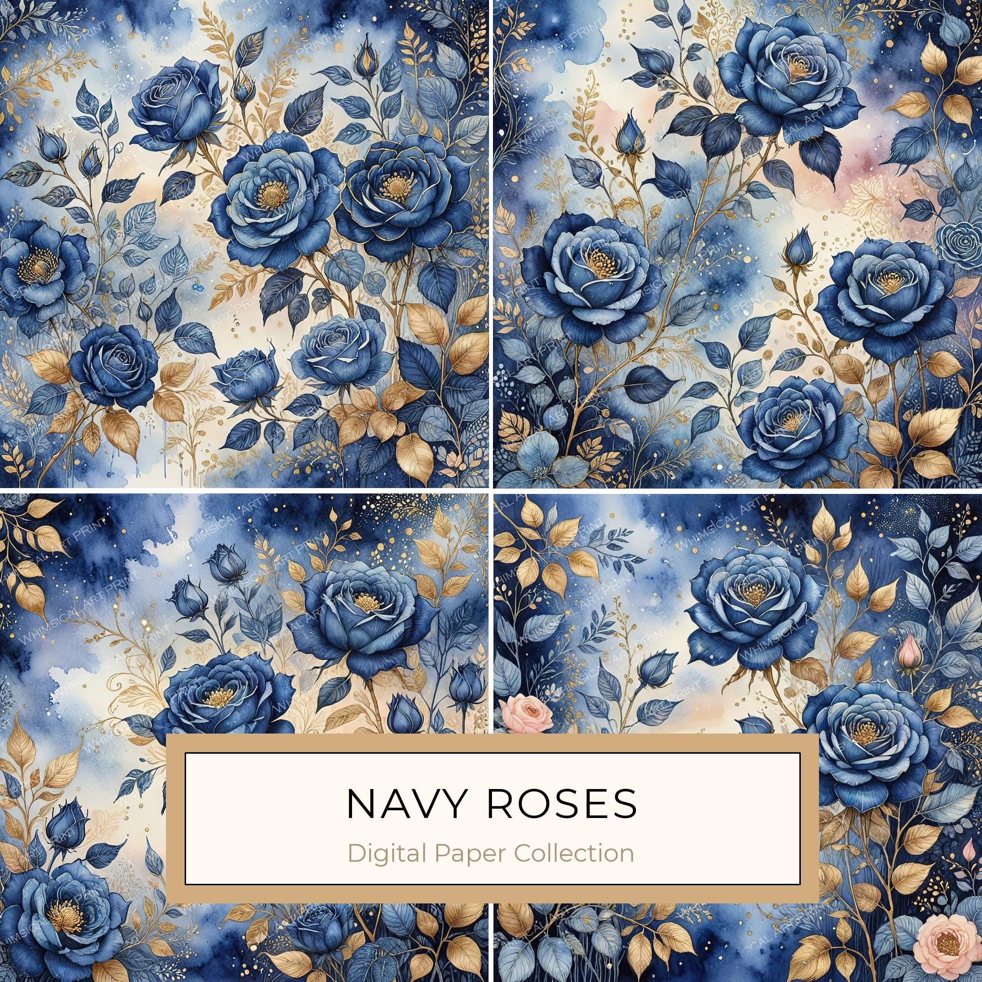 Watercolor Blue Roses Digital Paper with Gold Accents, Scrapbook Backgrounds (Digital Download, Commercial Use)